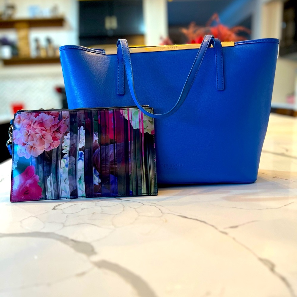 Ted Baker, blue shoulder bag, and clutch